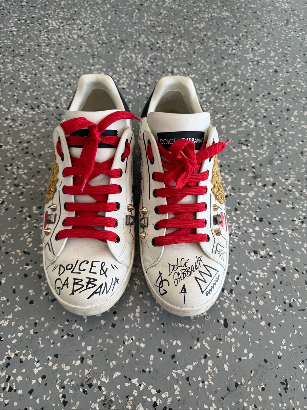 Dolce & Gabbana White Mens Sneakers with Red Laces and Gold Accents Size9